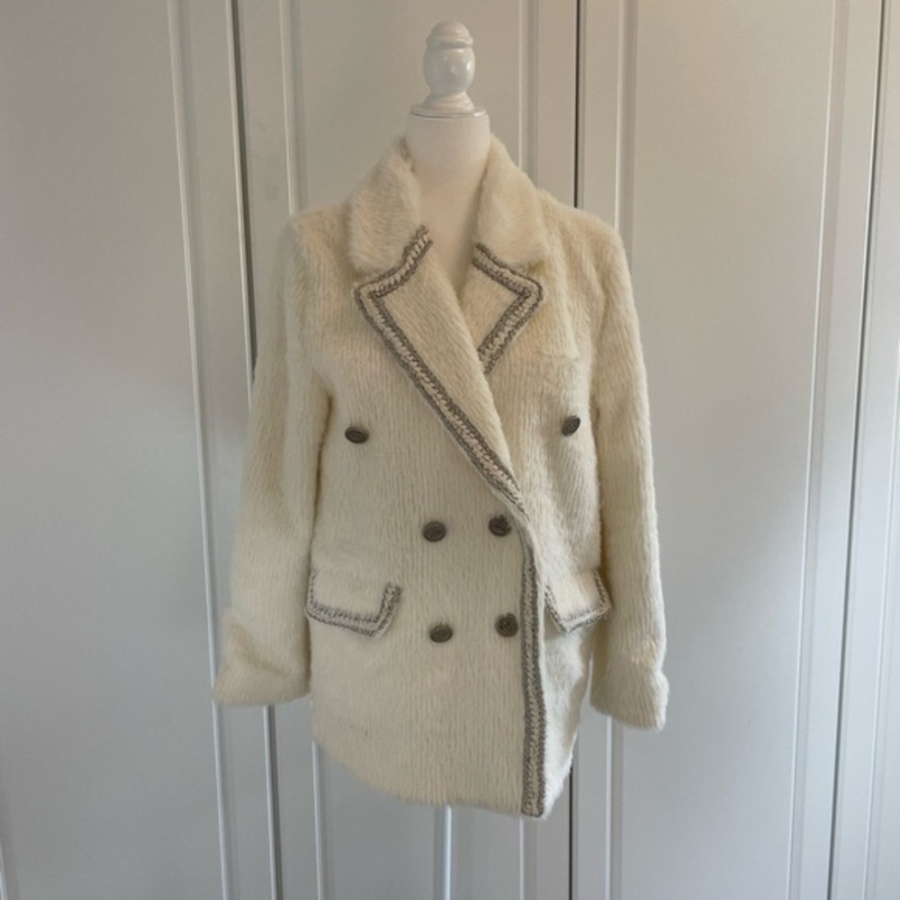 Fuzzy Double Breast White Coat With Metallic Threads & Silver Stamped Buttons - Picture 10 of 14